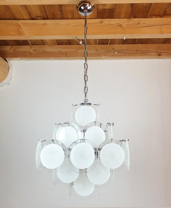 Mid Century Modern White Murano Glass Disc Chandelier By Vistosi Italy 1980s 00 Master.jpg