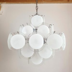 Mid Century Modern White Murano Glass Disc Chandelier By Vistosi Italy 1980s 1 Master.jpg
