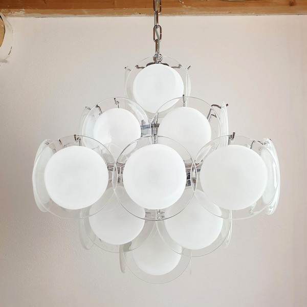 Mid Century Modern White Murano Glass Disc Chandelier By Vistosi Italy 1980s 1 Master.jpg