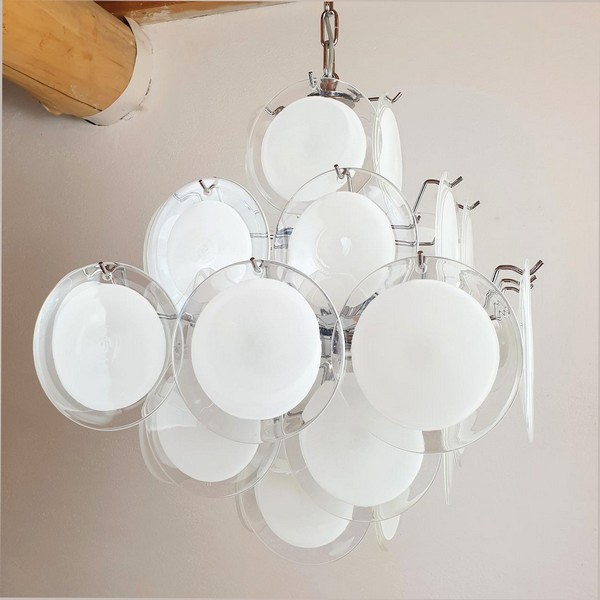 Mid Century Modern White Murano Glass Disc Chandelier By Vistosi Italy 1980s 2 Master.jpg