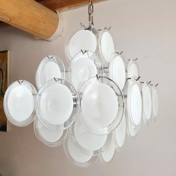 Mid Century Modern White Murano Glass Disc Chandelier By Vistosi Italy 1980s 3 Master.jpg