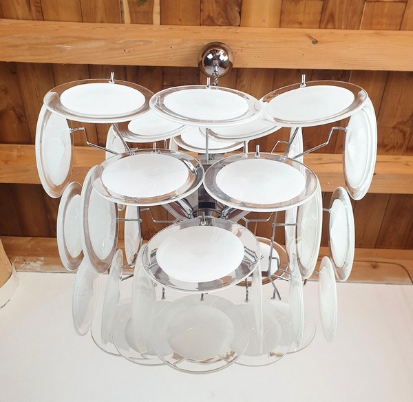 Mid Century Modern White Murano Glass Disc Chandelier By Vistosi Italy 1980s 4 Master.jpg