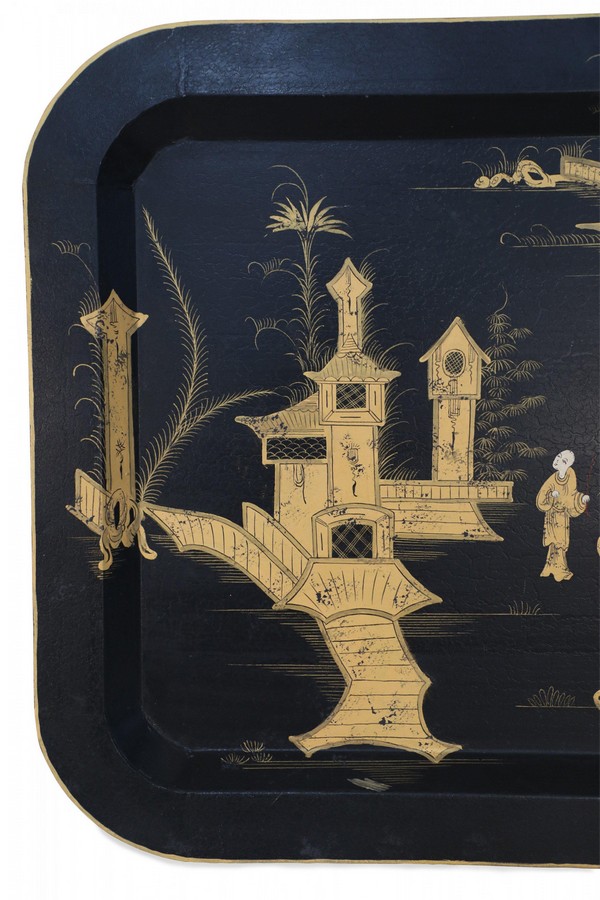 Vintage Chinese Rectangular Tole Black And Gold Monestary Scene Tray Nwl2600 2 Lg Master.jpg