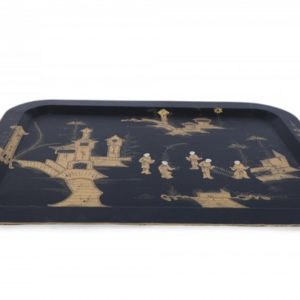 Vintage Chinese Rectangular Tole Black And Gold Monestary Scene Tray Nwl2600 5 Lg Master.jpg