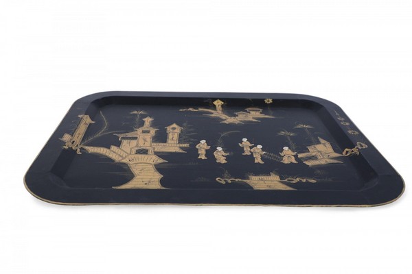 Vintage Chinese Rectangular Tole Black And Gold Monestary Scene Tray Nwl2600 5 Lg Master.jpg